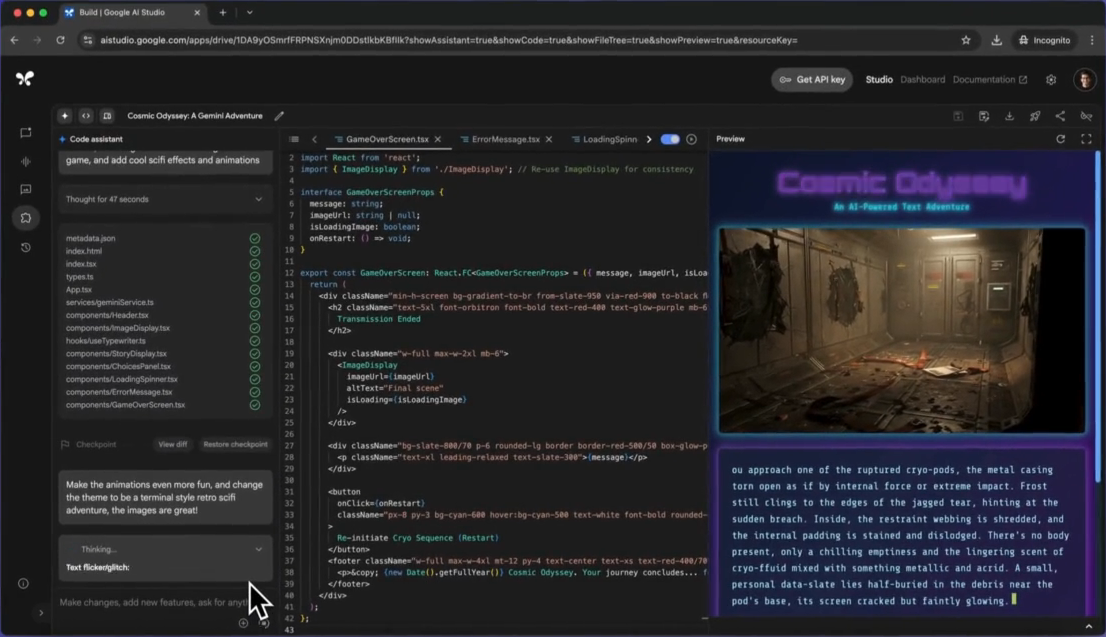 Google AI Studio code beside its live preview