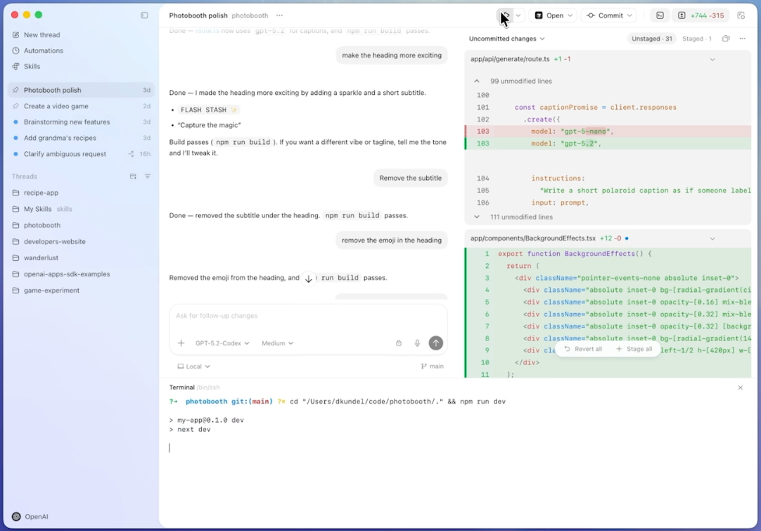 Codex task thread with a diff review and terminal
