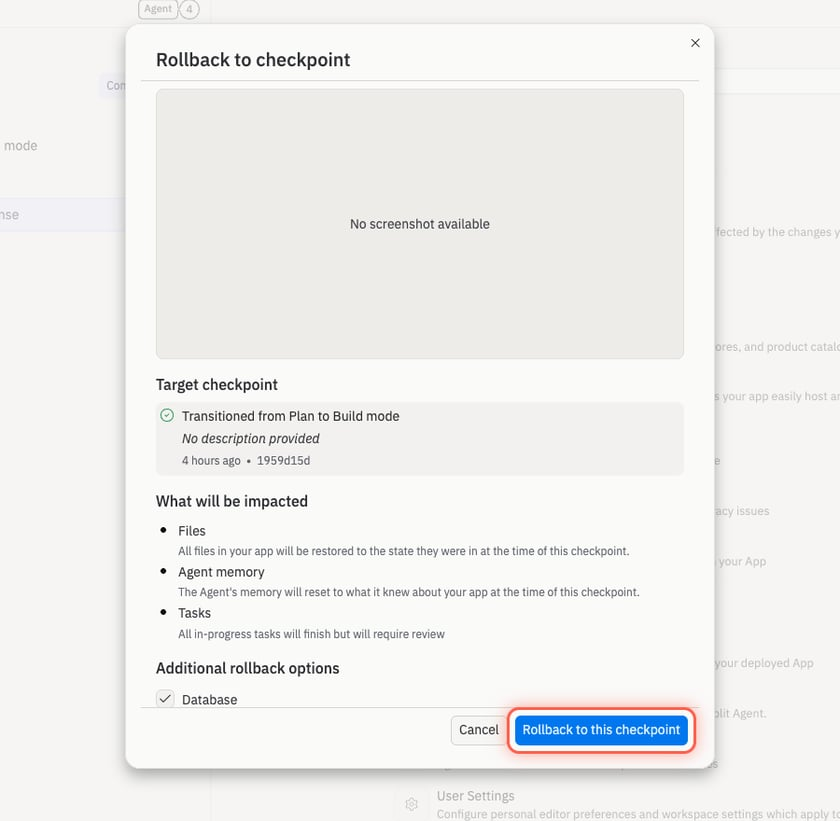 Replit rollback confirmation showing affected state